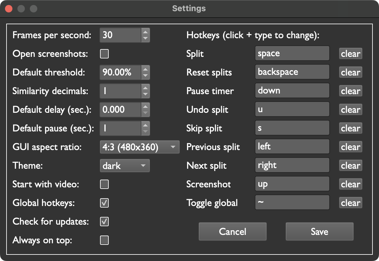 Settings menu